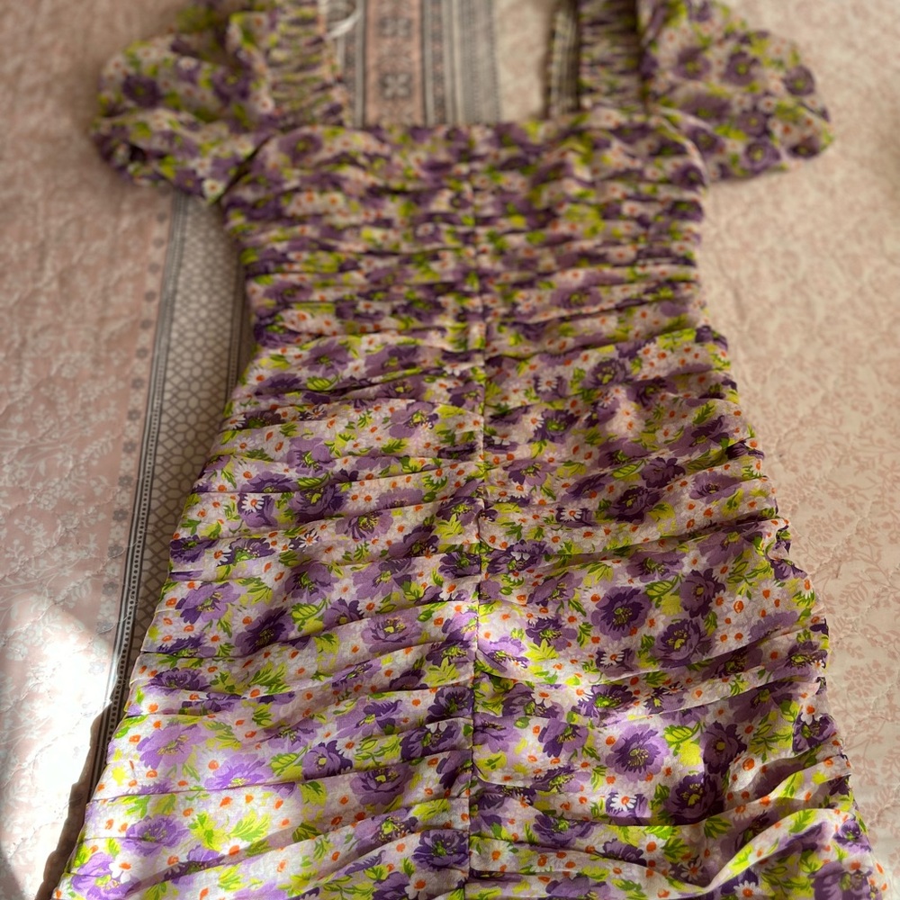 Zara floral ruched puff sleeve bodycon dress - Picture 2 of 4